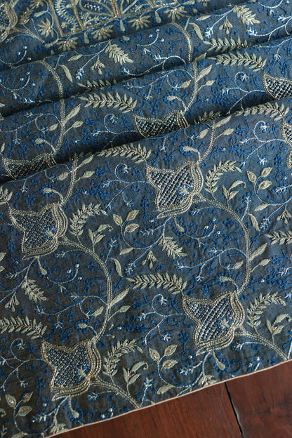 Marble Blue Roheen Tissue Silk Chikankari Unstitched Fabric