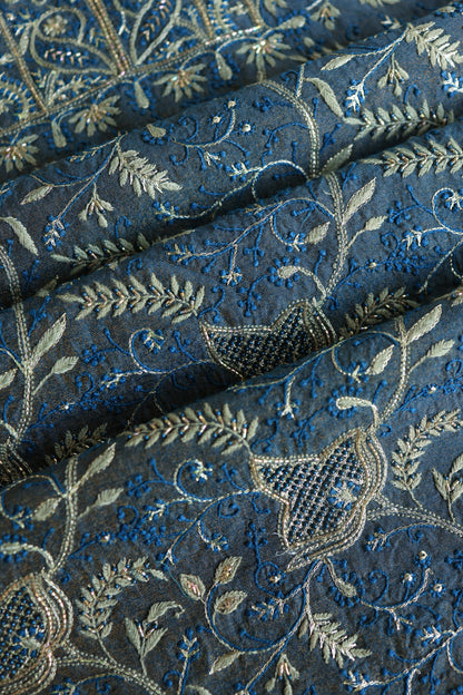 Marble Blue Roheen Tissue Silk Chikankari Unstitched Fabric