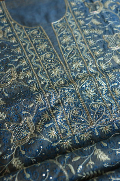 Marble Blue Roheen Tissue Silk Chikankari Unstitched Fabric