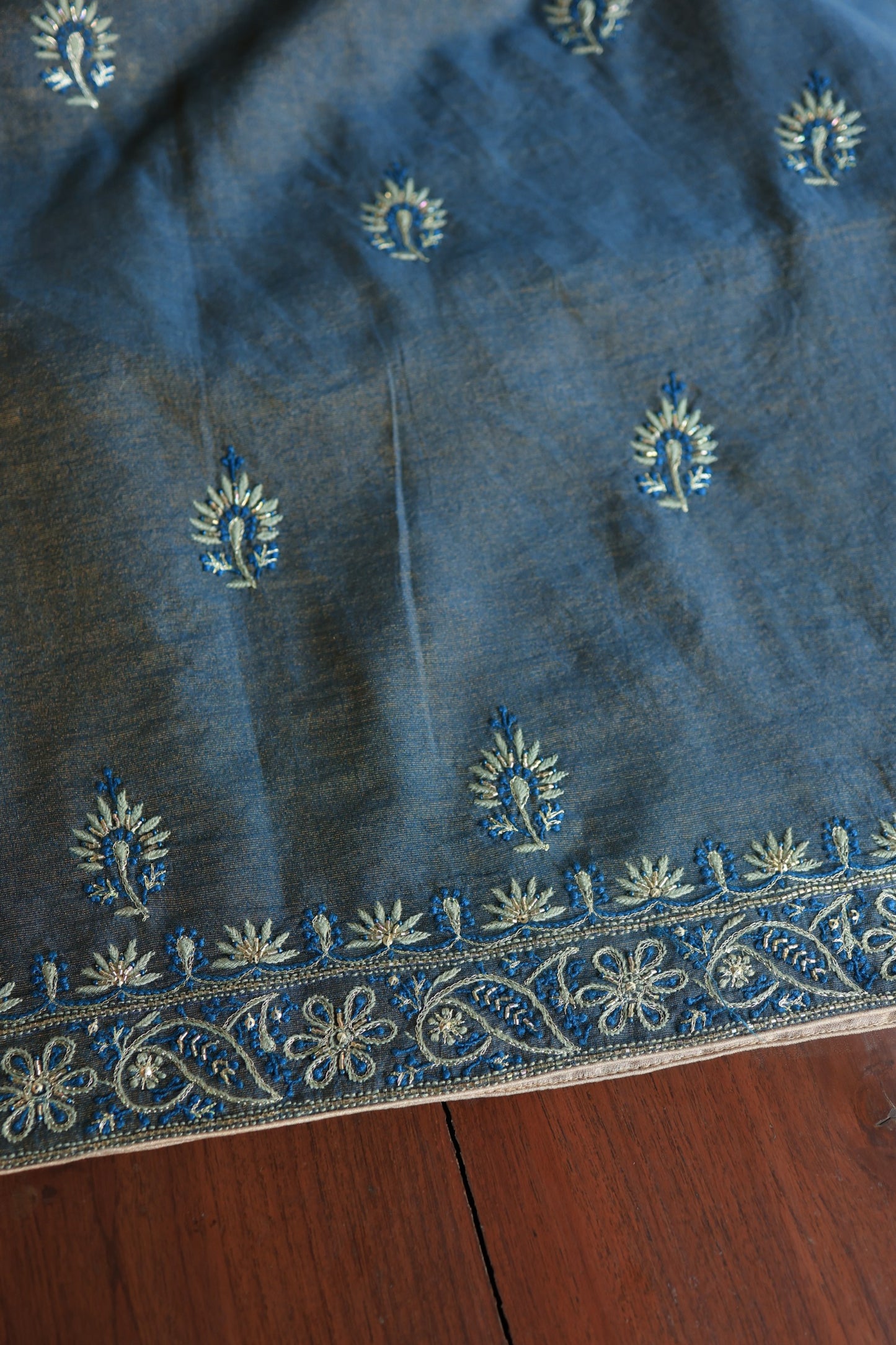 Marble Blue Roheen Tissue Silk Chikankari Unstitched Fabric