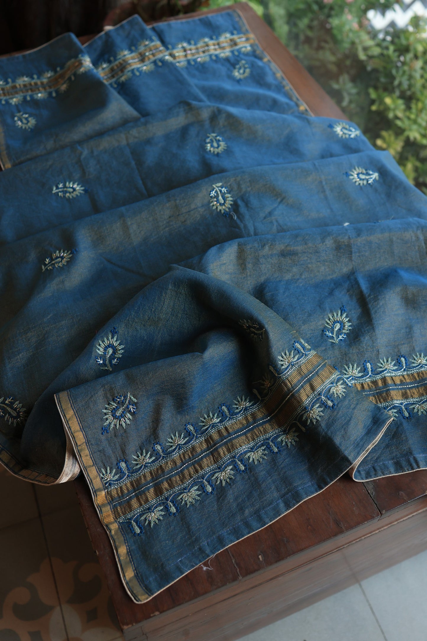 Marble Blue Roheen Tissue Silk Chikankari Unstitched Fabric