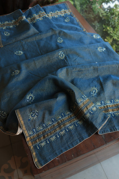 Marble Blue Roheen Tissue Silk Chikankari Unstitched Fabric