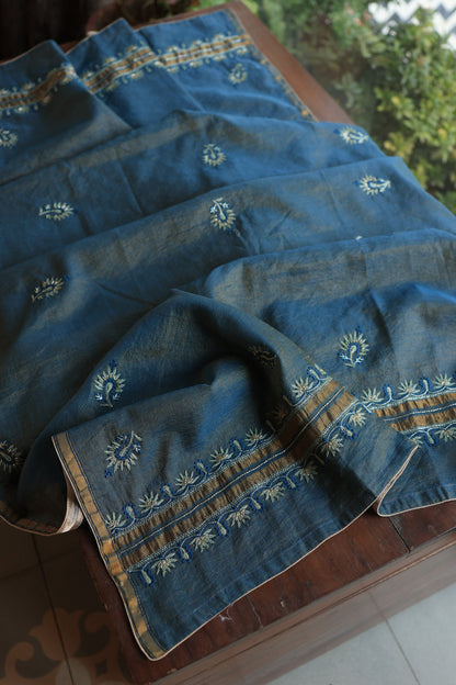 Marble Blue Roheen Tissue Silk Chikankari Unstitched Fabric