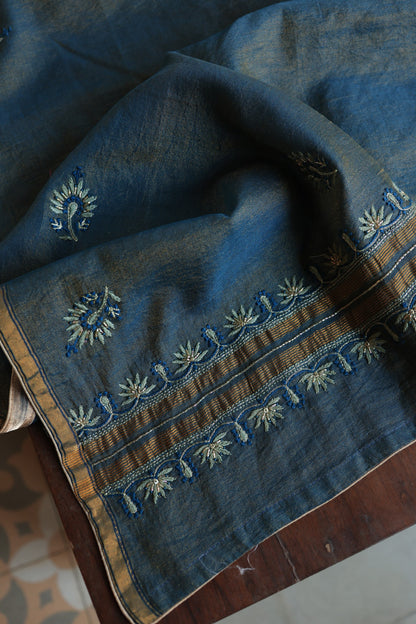 Marble Blue Roheen Tissue Silk Chikankari Unstitched Fabric