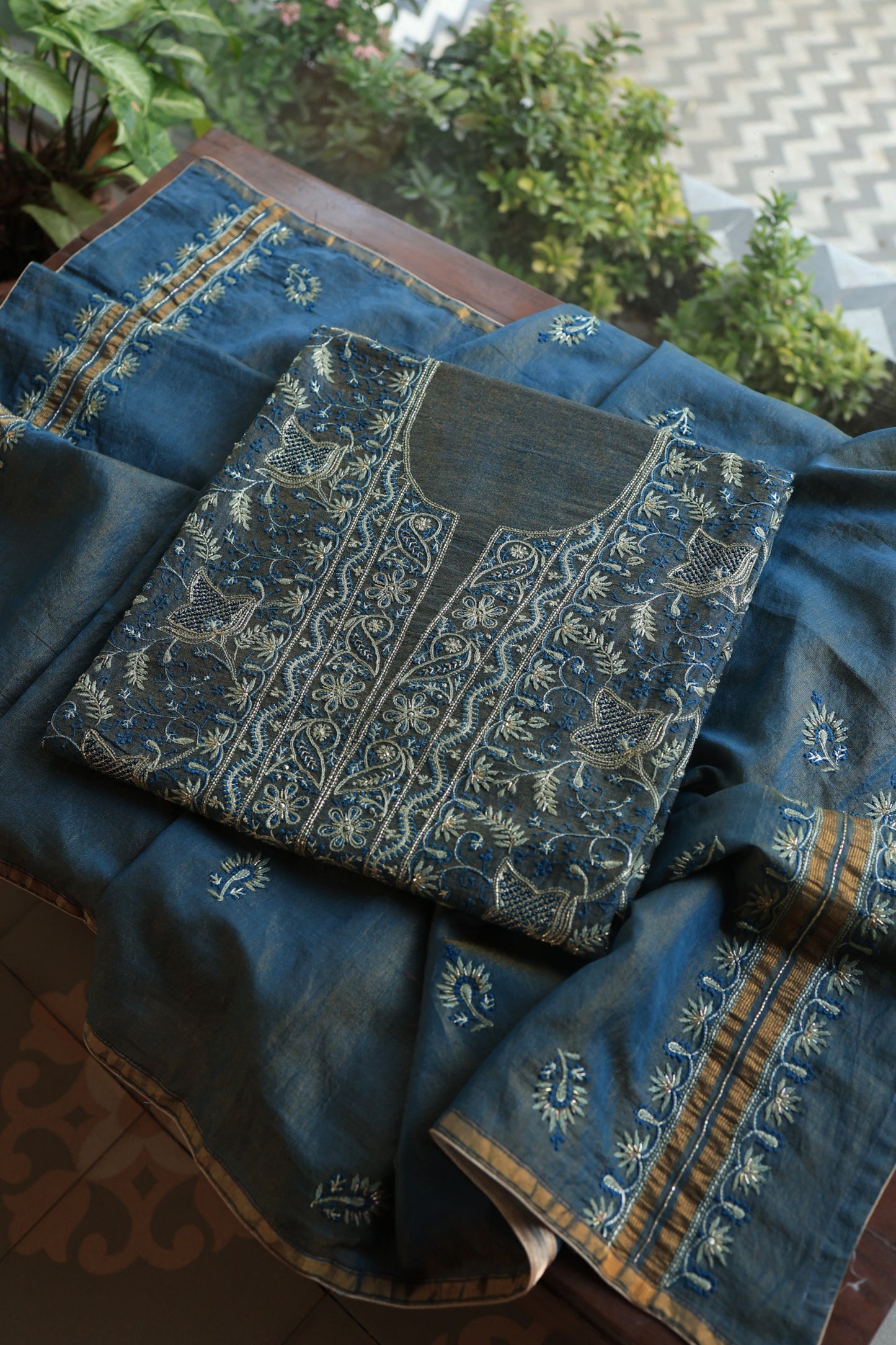 Marble Blue Roheen Tissue Silk Chikankari Unstitched Fabric