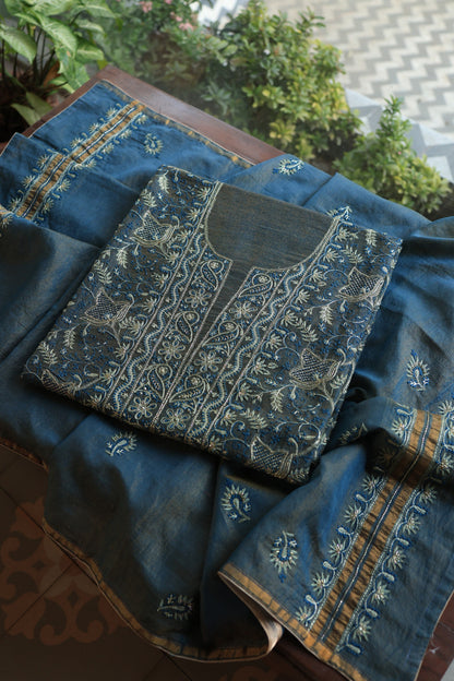 Marble Blue Roheen Tissue Silk Chikankari Unstitched Fabric