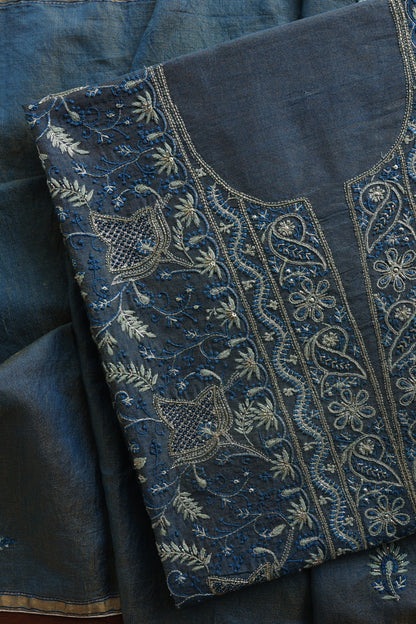Marble Blue Roheen Tissue Silk Chikankari Unstitched Fabric