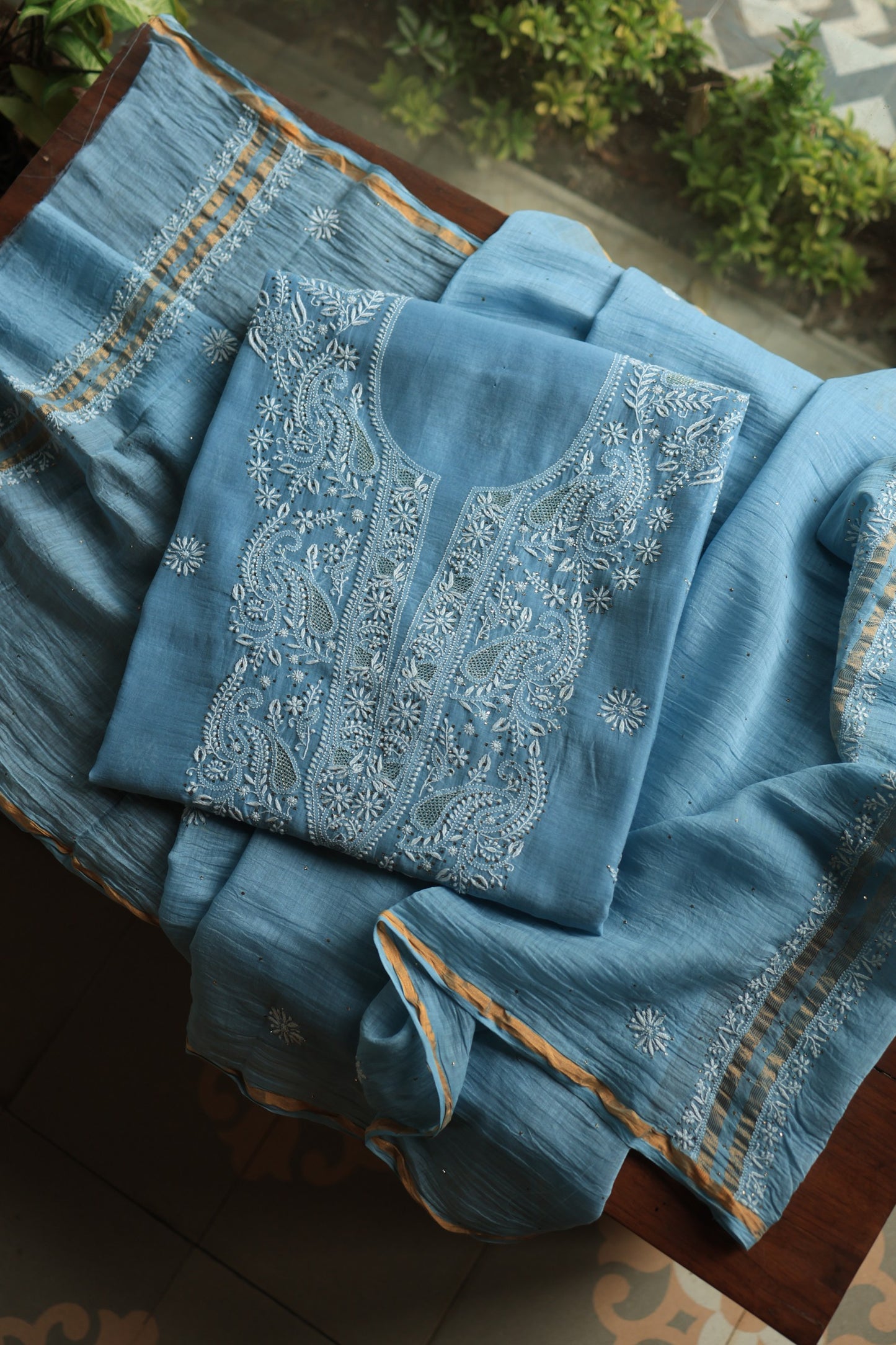 Marble Blue Shade Mal Cotton Chikankari Unstitched Fabrics With Kamdani