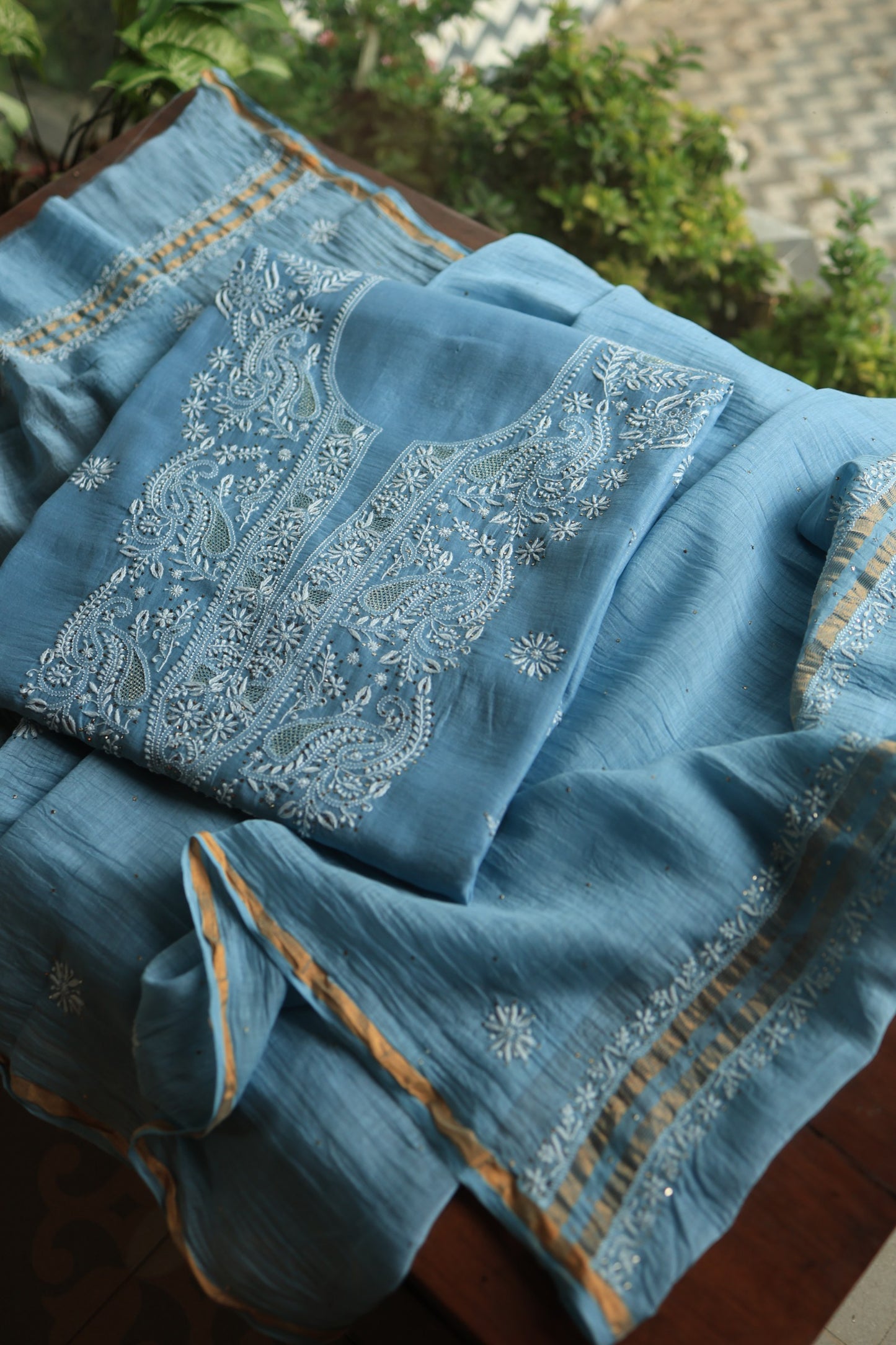 Marble Blue Shade Mal Cotton Chikankari Unstitched Fabrics With Kamdani