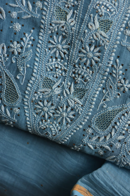 Marble Blue Shade Mal Cotton Chikankari Unstitched Fabrics With Kamdani