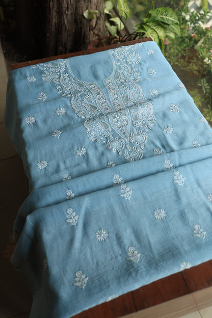 Marble Blue Shade Mal Cotton Chikankari Unstitched Fabrics With Kamdani