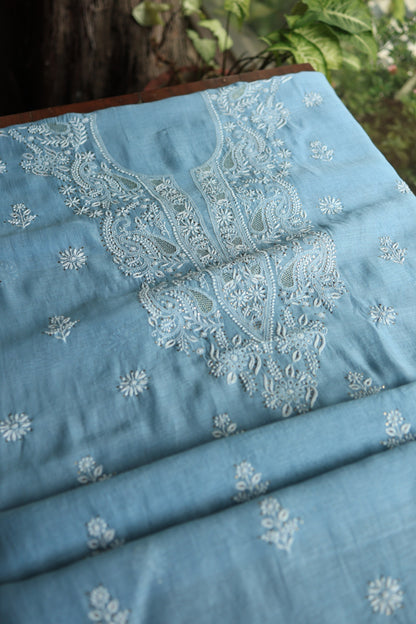 Marble Blue Shade Mal Cotton Chikankari Unstitched Fabrics With Kamdani