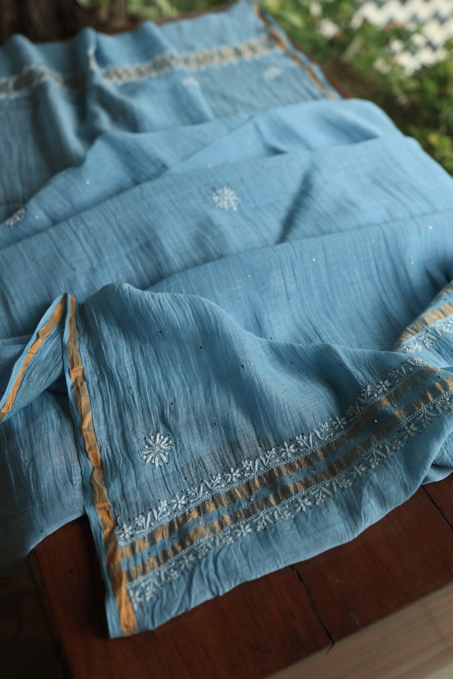 Marble Blue Shade Mal Cotton Chikankari Unstitched Fabrics With Kamdani