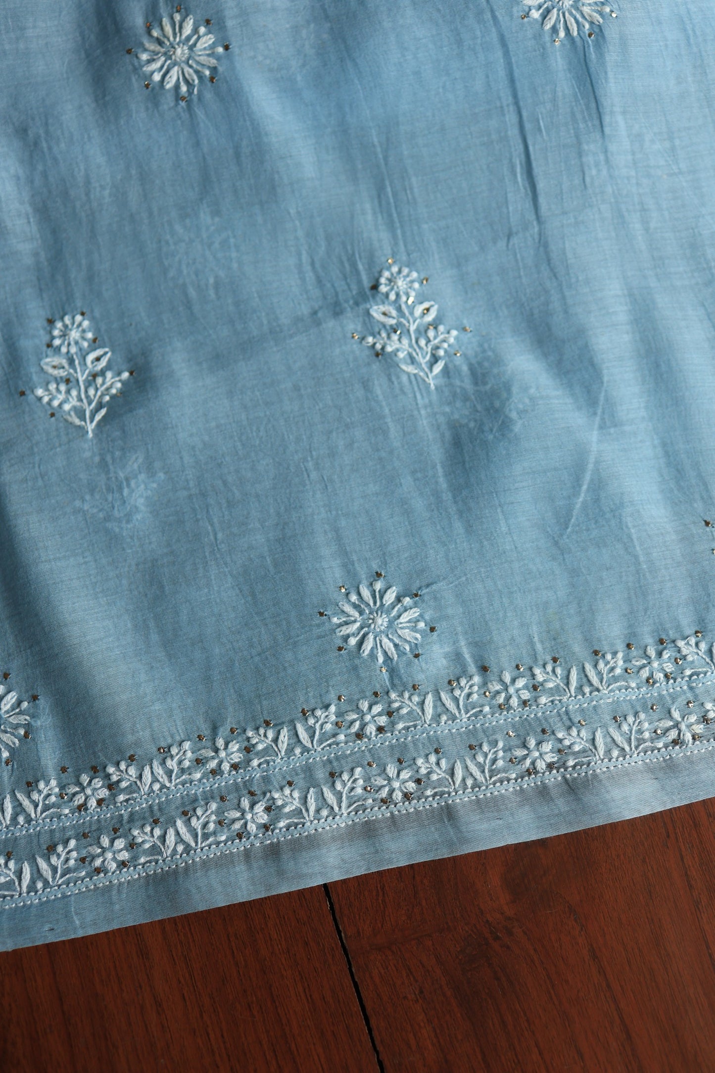 Marble Blue Shade Mal Cotton Chikankari Unstitched Fabrics With Kamdani