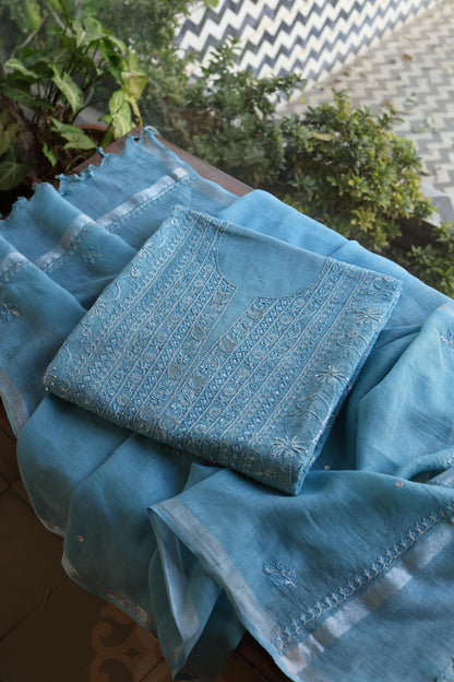 Marble Blue Shade Rasm Silk Chikankari With Ari Work Unstitched Kurta Dupatta Set