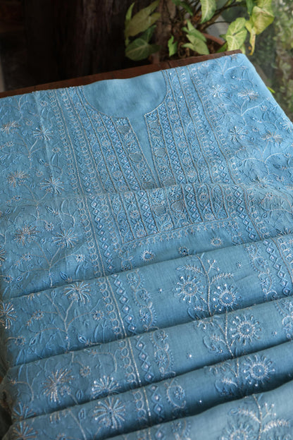 Marble Blue Shade Rasm Silk Chikankari With Ari Work Unstitched Kurta Dupatta Set