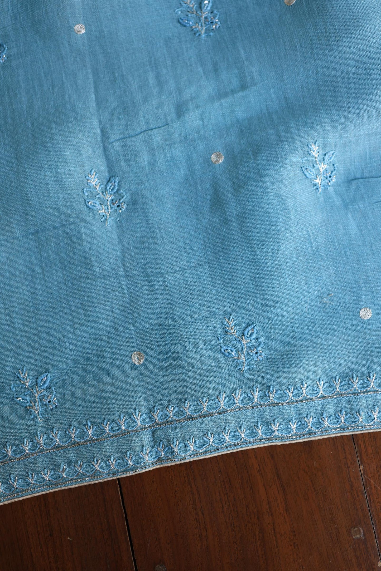 Marble Blue Shade Rasm Silk Chikankari With Ari Work Unstitched Kurta Dupatta Set