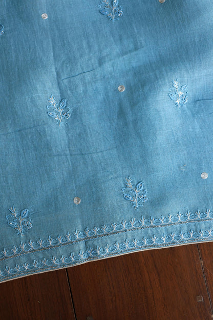 Marble Blue Shade Rasm Silk Chikankari With Ari Work Unstitched Kurta Dupatta Set