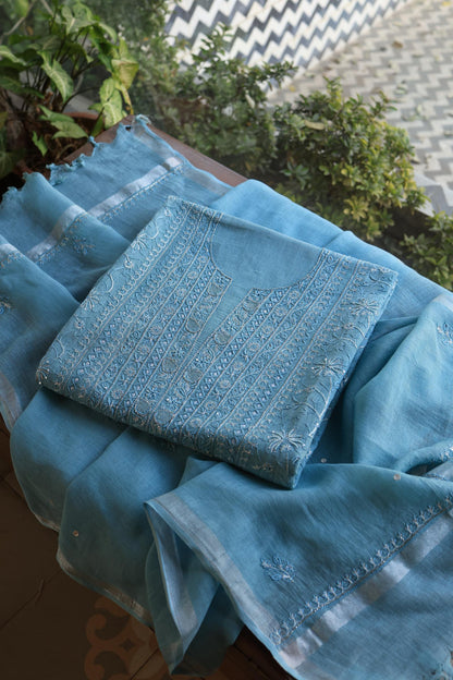 Marble Blue Shade Rasm Silk Chikankari With Ari Work Unstitched Kurta Dupatta Set