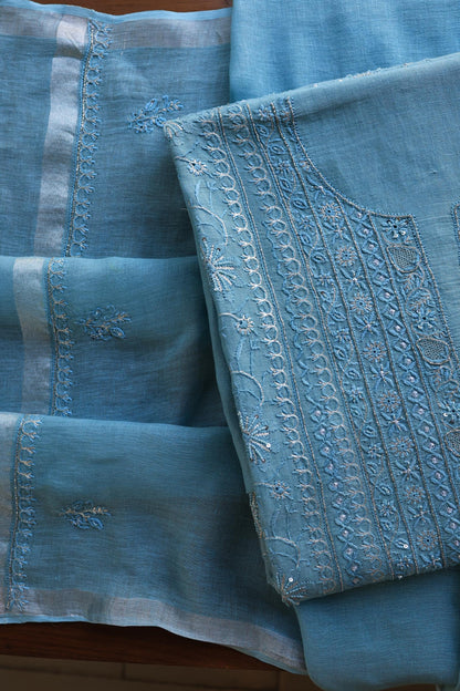 Marble Blue Shade Rasm Silk Chikankari With Ari Work Unstitched Kurta Dupatta Set