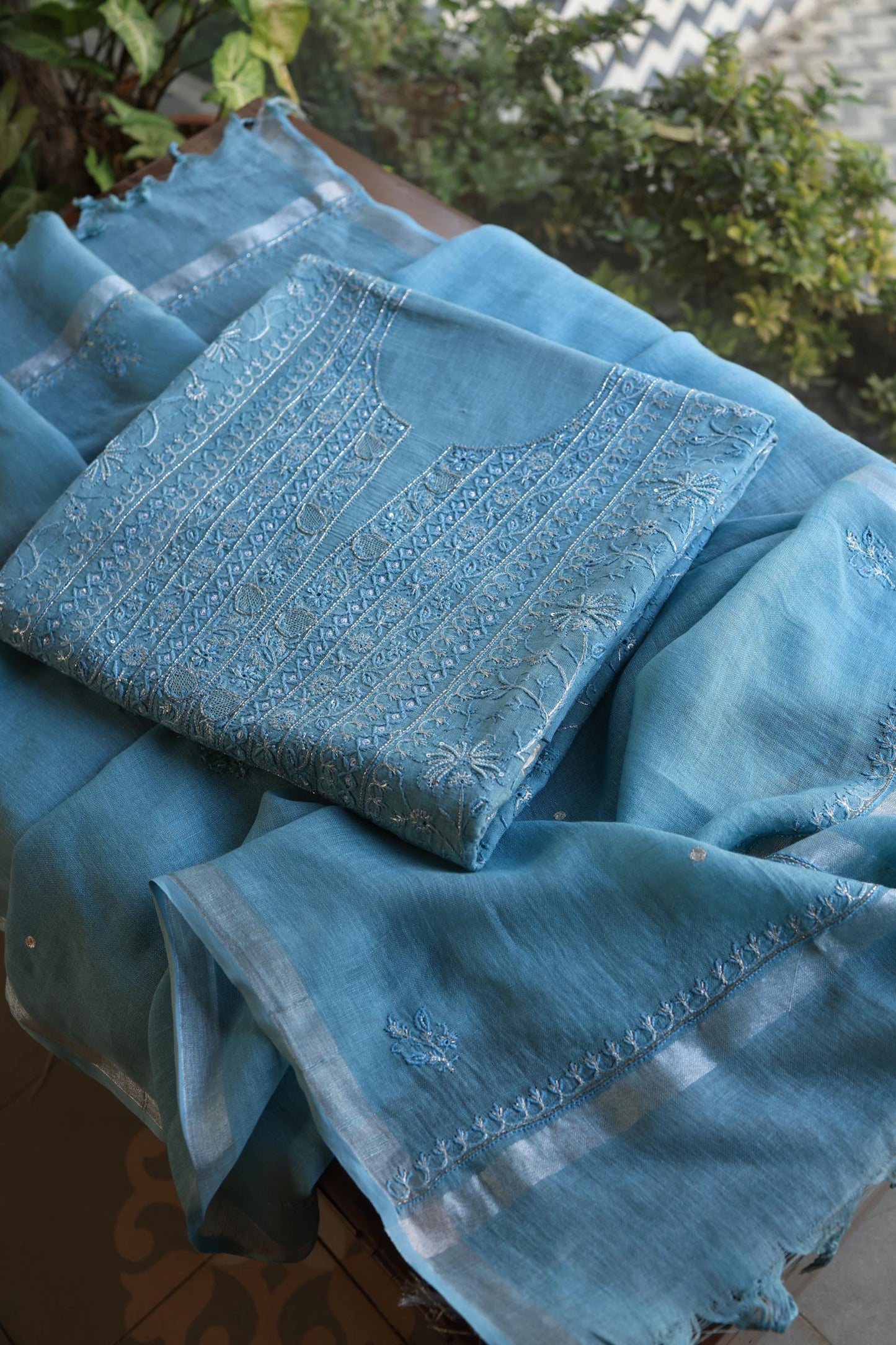 Marble Blue Shade Rasm Silk Chikankari With Ari Work Unstitched Kurta Dupatta Set