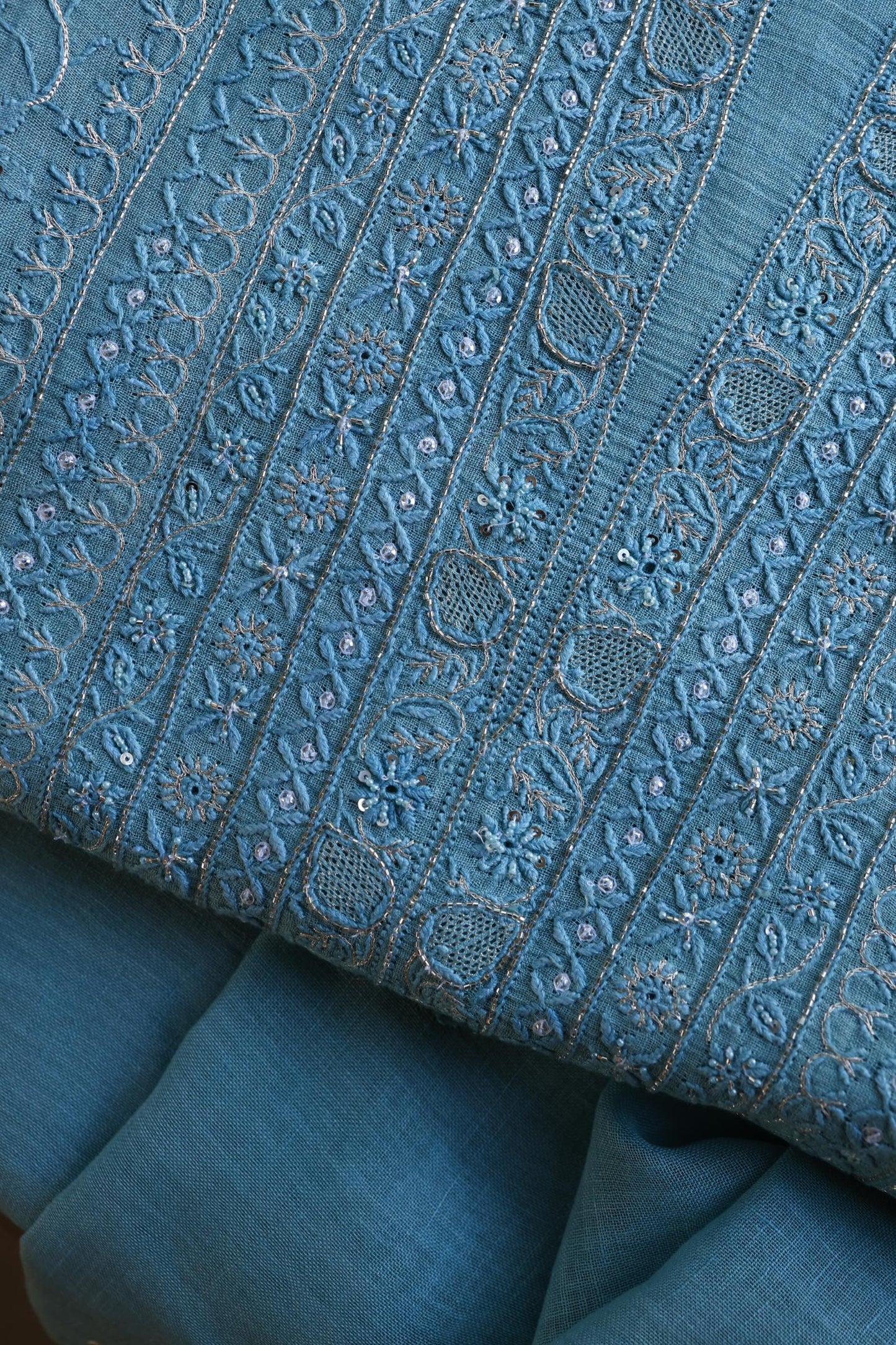 Marble Blue Shade Rasm Silk Chikankari With Ari Work Unstitched Kurta Dupatta Set