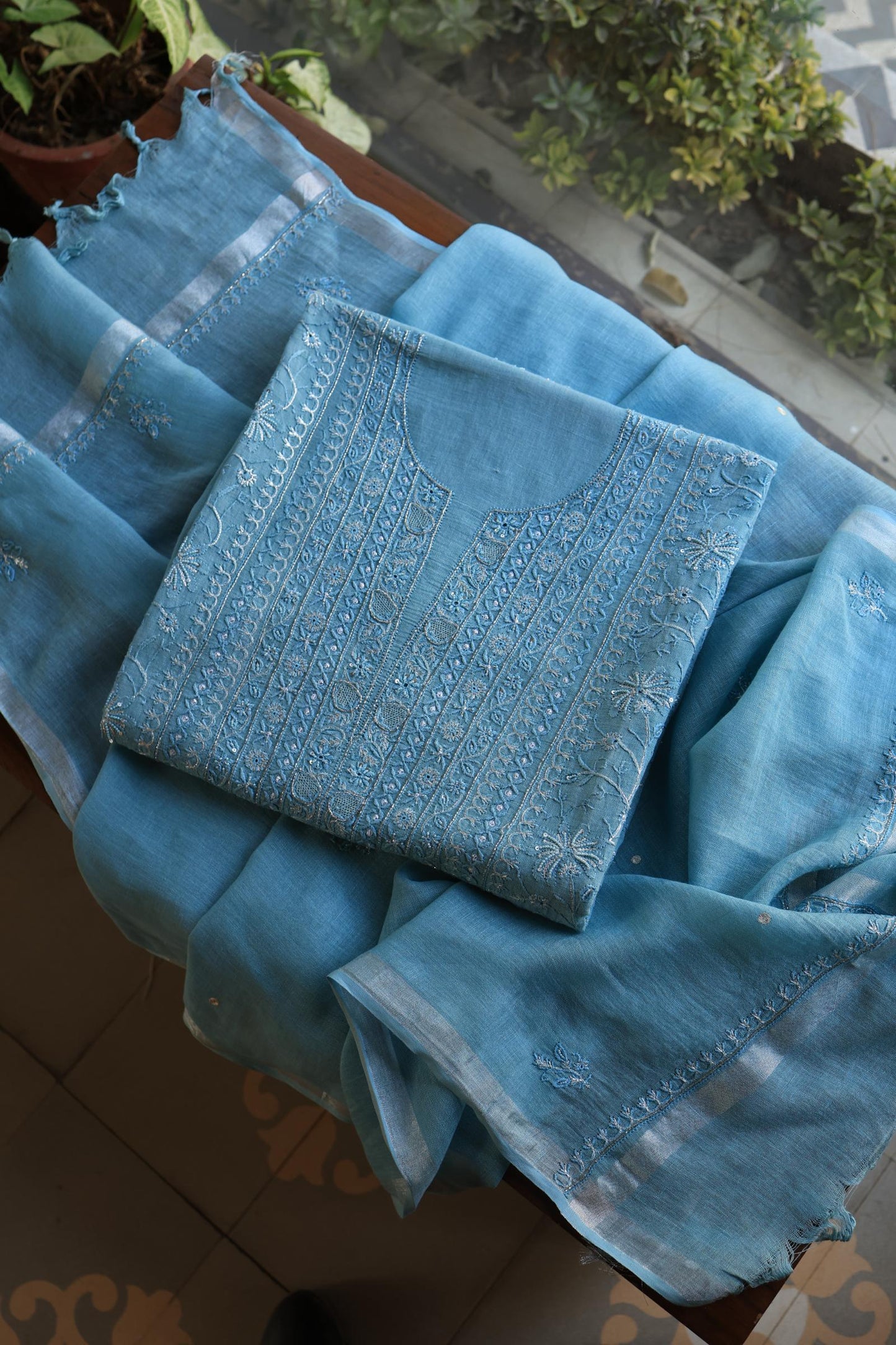 Marble Blue Shade Rasm Silk Chikankari With Ari Work Unstitched Kurta Dupatta Set