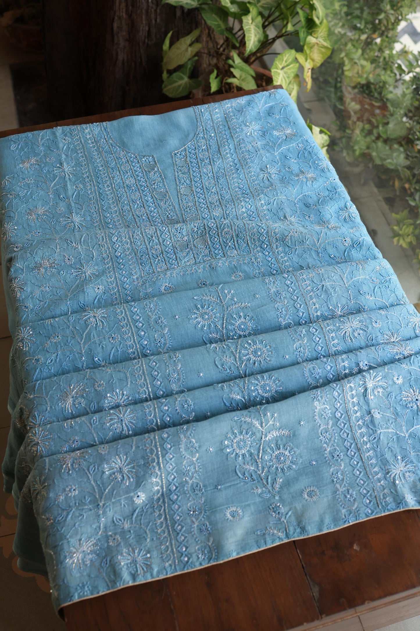 Marble Blue Shade Rasm Silk Chikankari With Ari Work Unstitched Kurta Dupatta Set