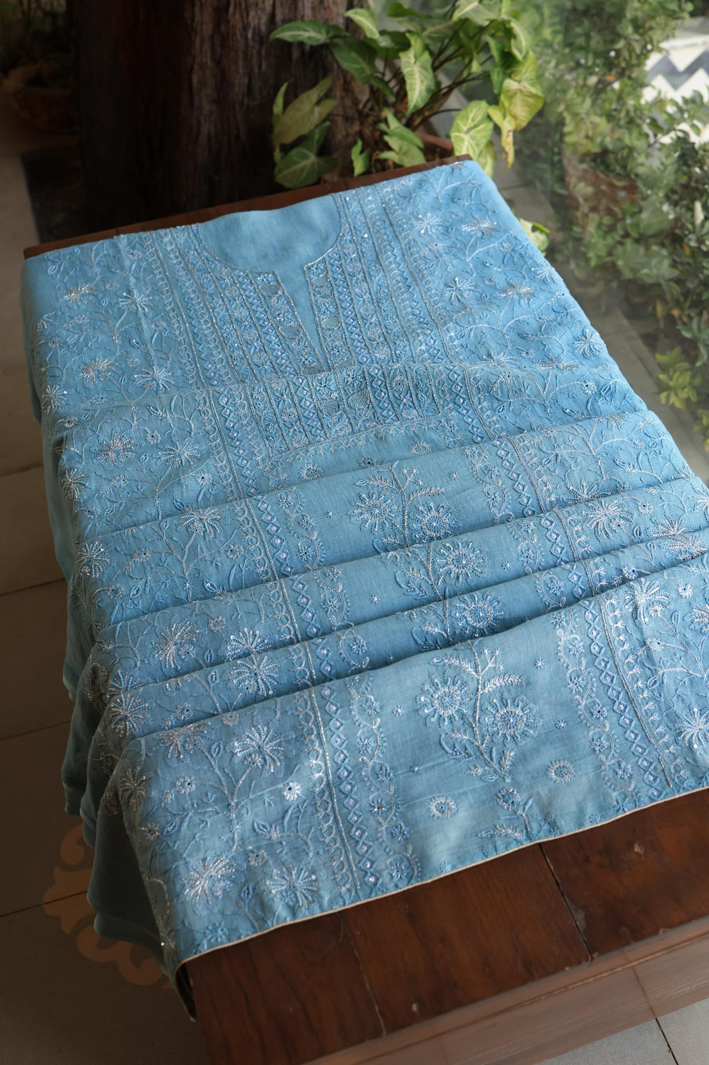 Marble Blue Shade Rasm Silk Chikankari With Ari Work Unstitched Kurta Dupatta Set