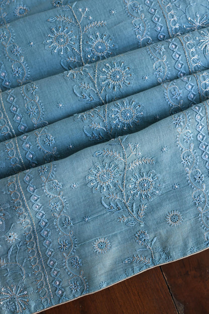 Marble Blue Shade Rasm Silk Chikankari With Ari Work Unstitched Kurta Dupatta Set