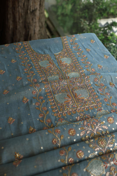 Marble Blue Shade Tissue Silk Chikankari Unstitched Fabric