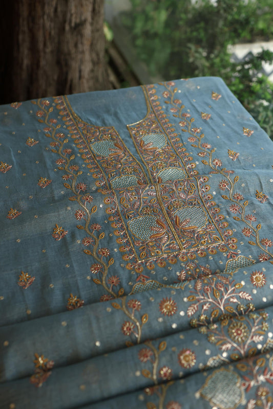 Marble Blue Shade Tissue Silk Chikankari Unstitched Fabric