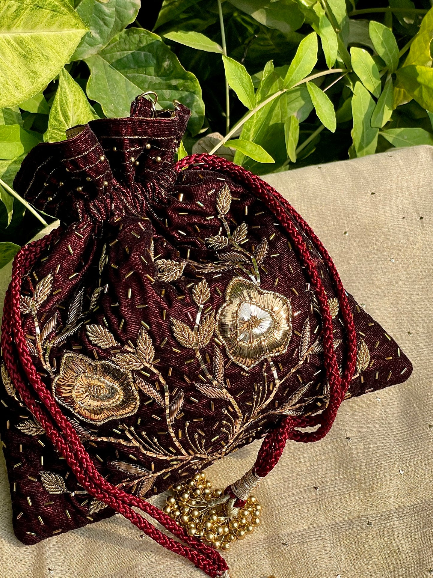 Maroon Raw Silk Peacock Motif Zardosi Polti Bags