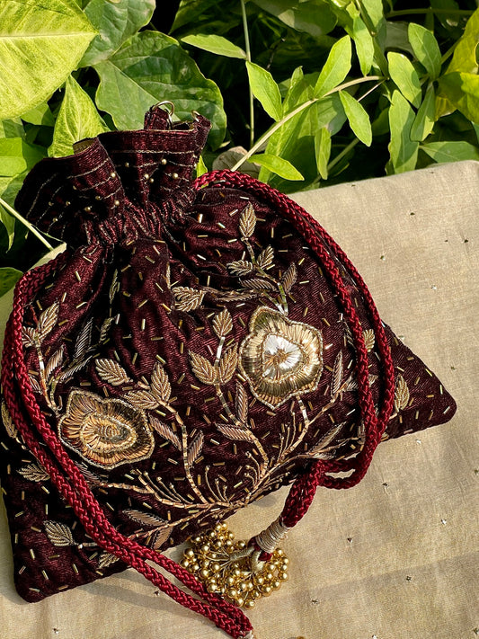 Maroon Raw Silk Peacock Motif Zardosi Polti Bags