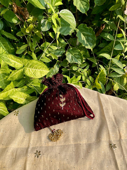 Maroon Raw Silk Peacock Motif Zardosi Polti Bags