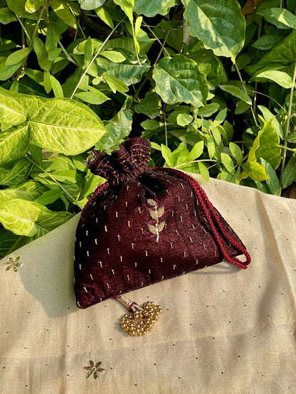Maroon Raw Silk Peacock Motif Zardosi Polti Bags