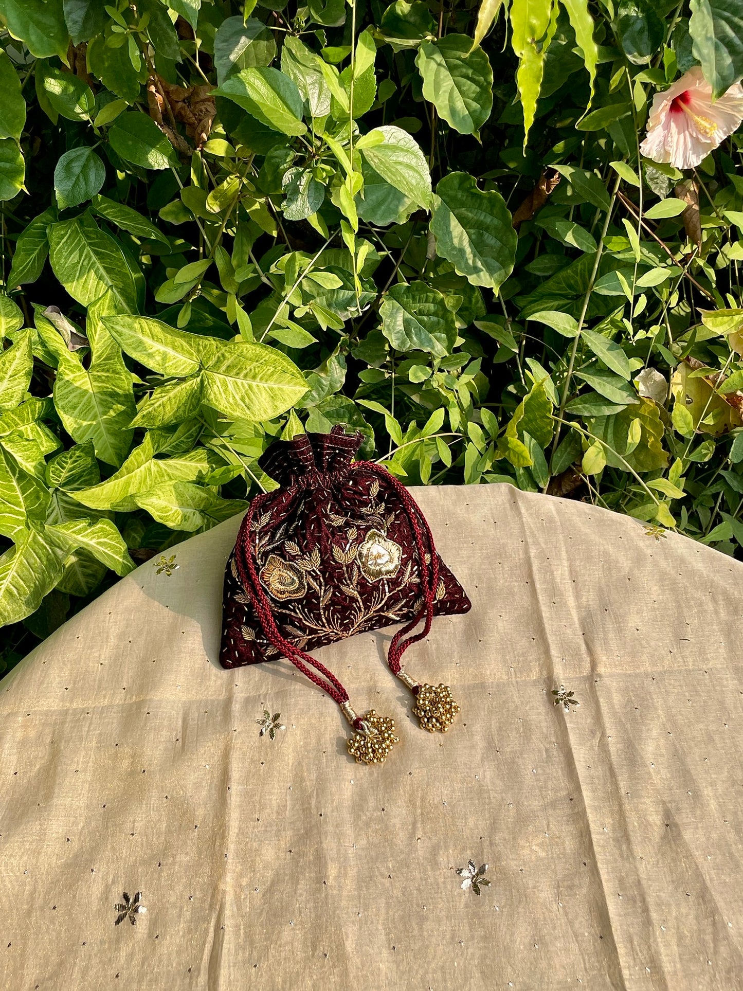 Maroon Raw Silk Peacock Motif Zardosi Polti Bags