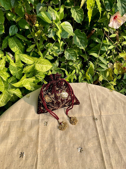 Maroon Raw Silk Peacock Motif Zardosi Polti Bags