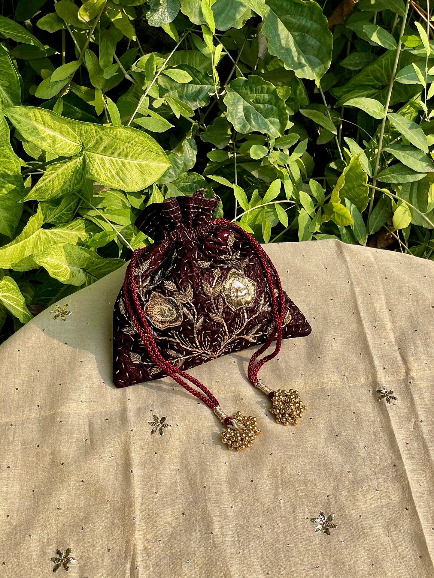 Maroon Raw Silk Peacock Motif Zardosi Polti Bags