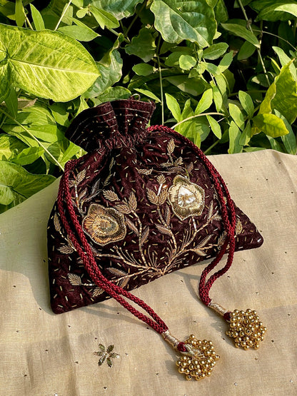 Maroon Raw Silk Peacock Motif Zardosi Polti Bags