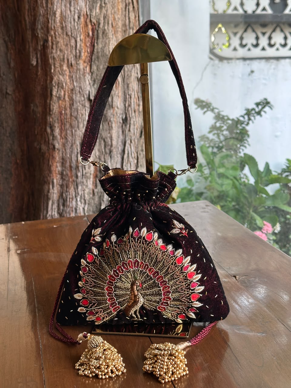 Maroon Shade Velvet Zardosi Polti Bags