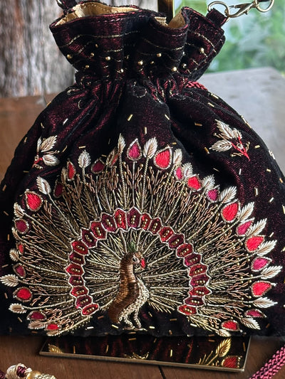 Maroon Shade Velvet Zardosi Polti Bags