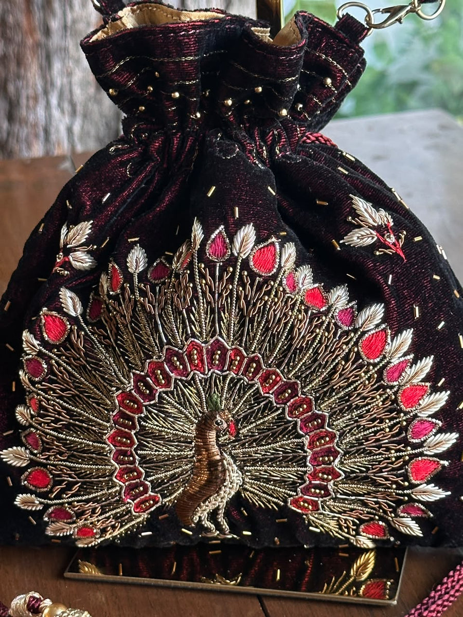 Maroon Shade Velvet Zardosi Polti Bags