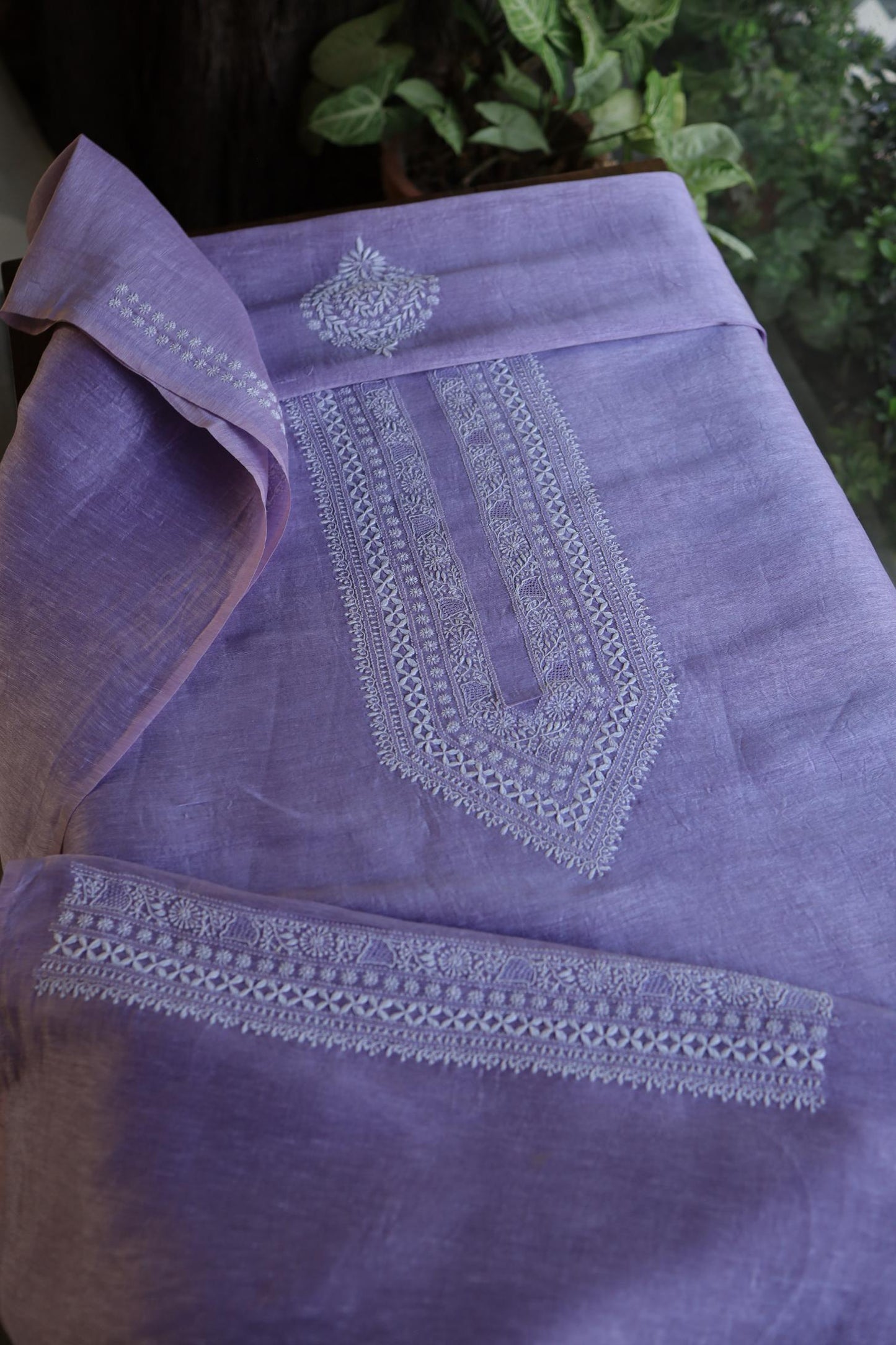 Mauve Linen Chikankari Unstitched Men's Kurtas Fabric
