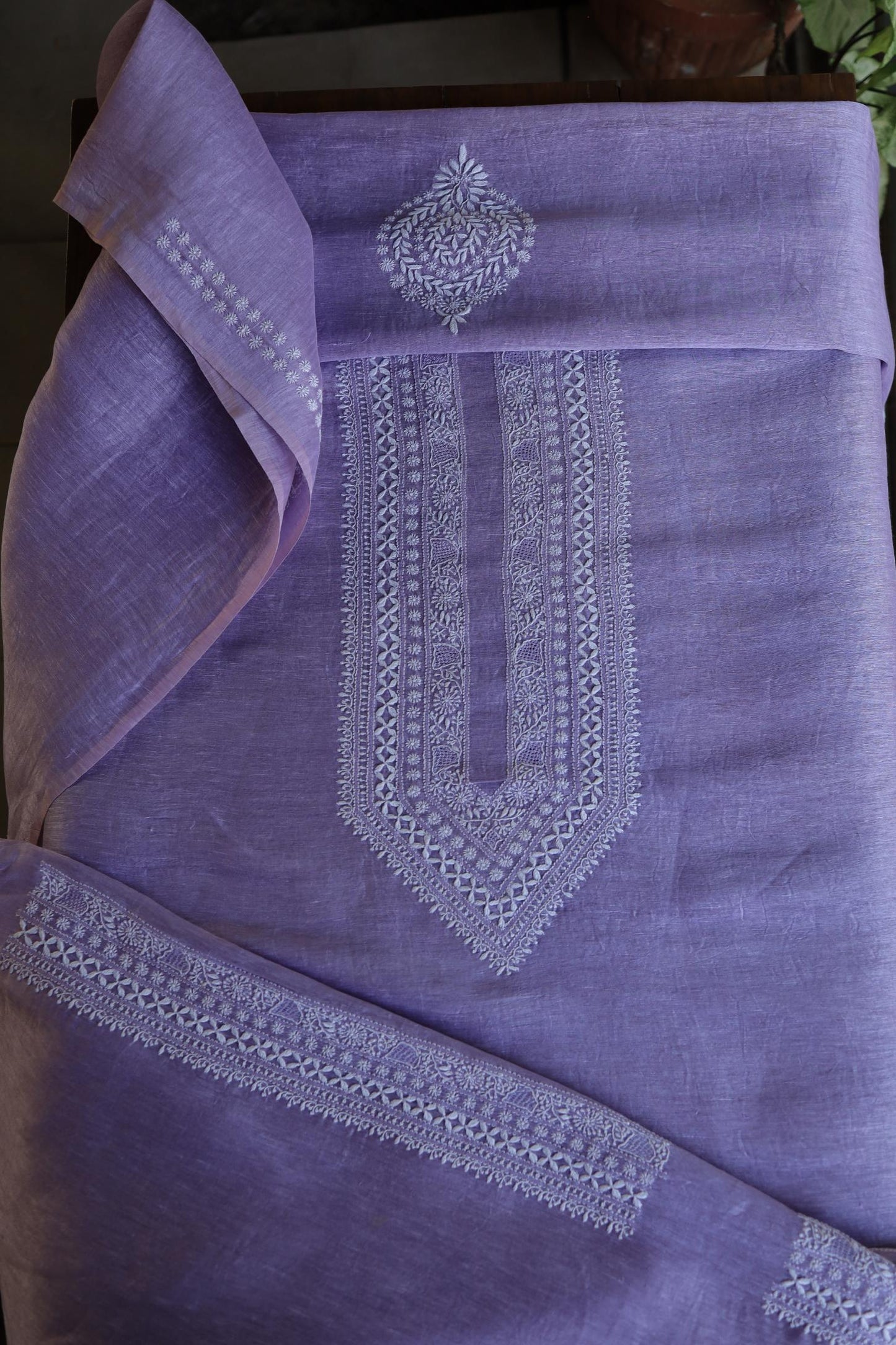 Mauve Linen Chikankari Unstitched Men's Kurtas Fabric
