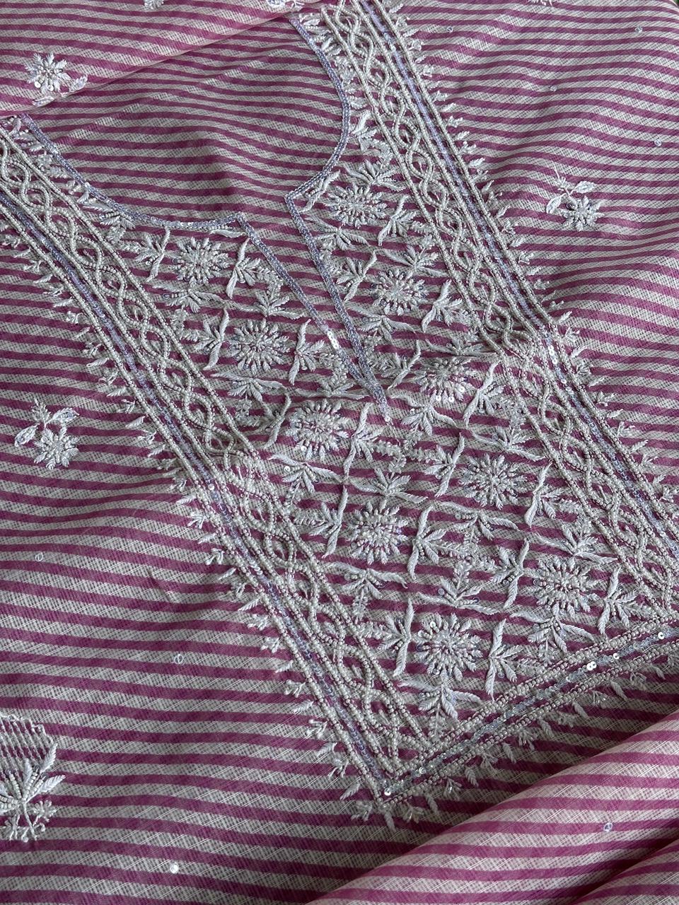 Mauve Pink Kota Lehriya Print Chikankari Unstitched Women's Kurta Fabric