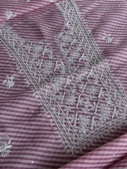 Mauve Pink Kota Lehriya Print Chikankari Unstitched Women's Kurta Fabric