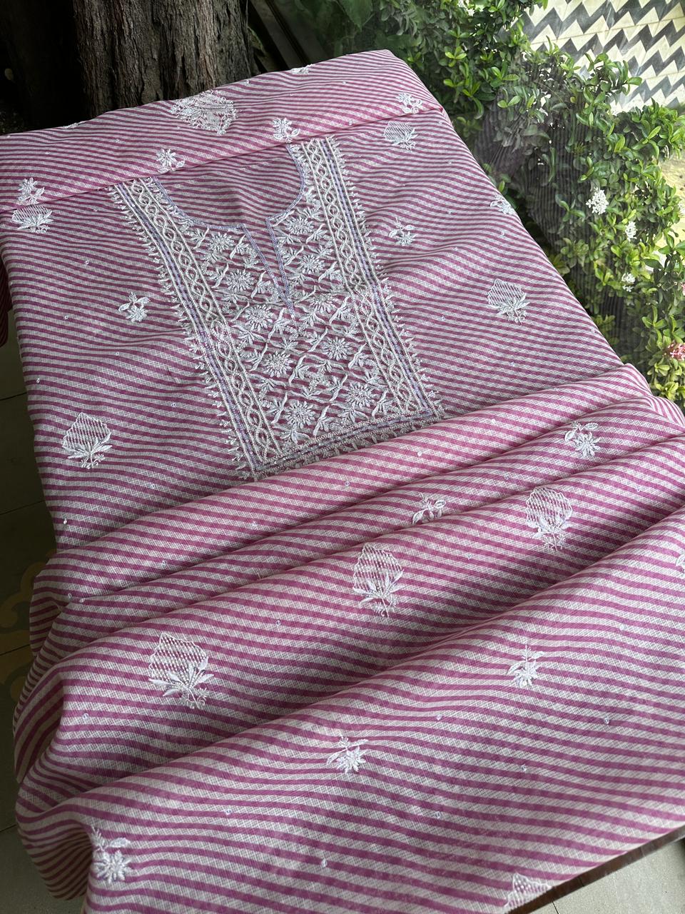 Mauve Pink Kota Lehriya Print Chikankari Unstitched Women's Kurta Fabric