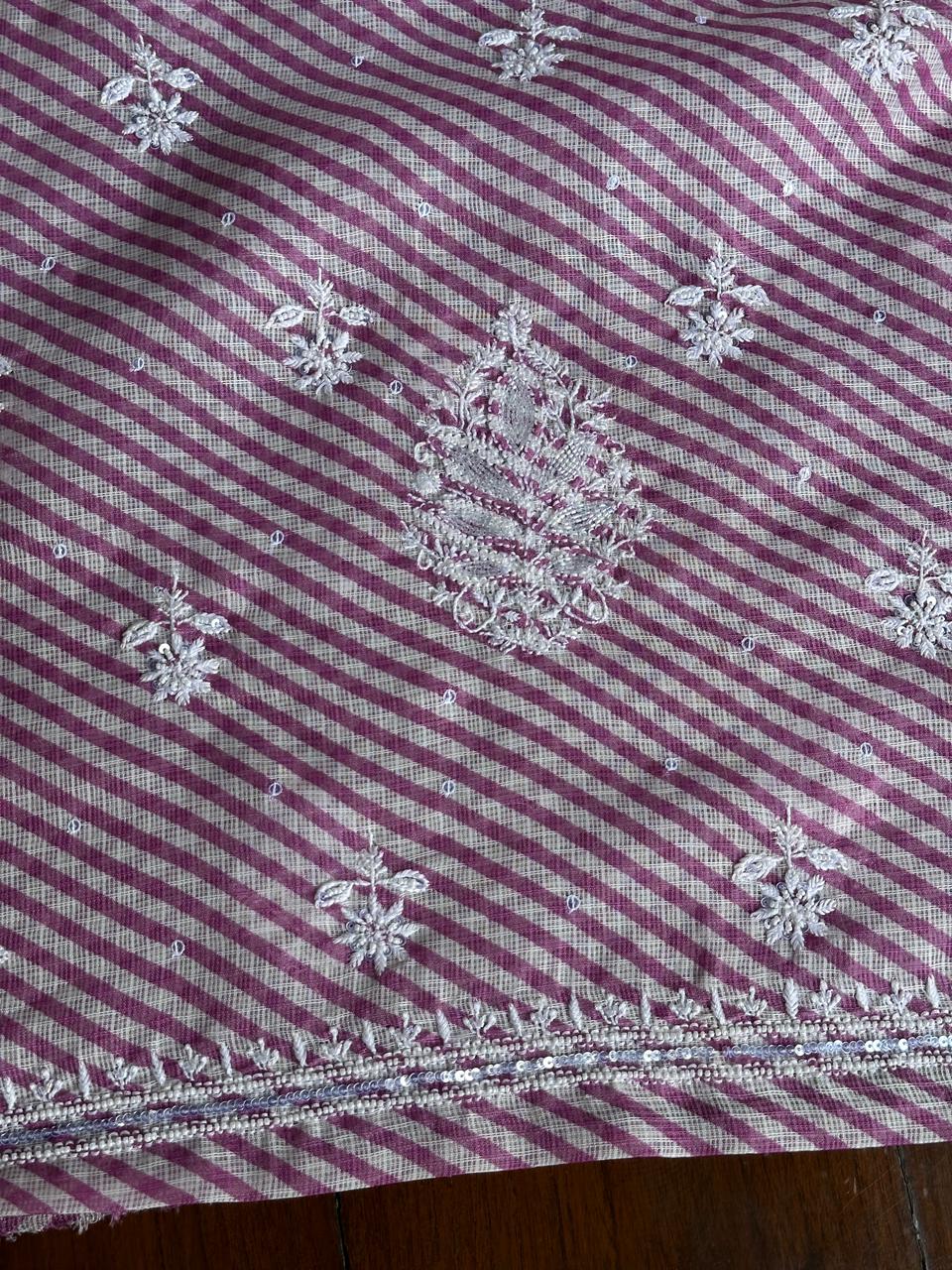 Mauve Pink Kota Lehriya Print Chikankari Unstitched Women's Kurta Fabric