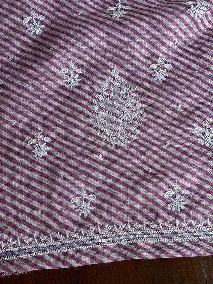 Mauve Pink Kota Lehriya Print Chikankari Unstitched Women's Kurta Fabric